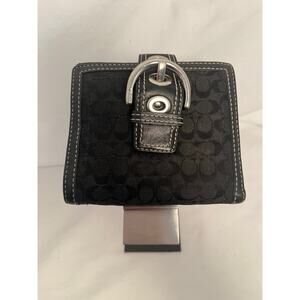 Coach Black Signature Bifold Wallet Leather Trim Buckle Accent